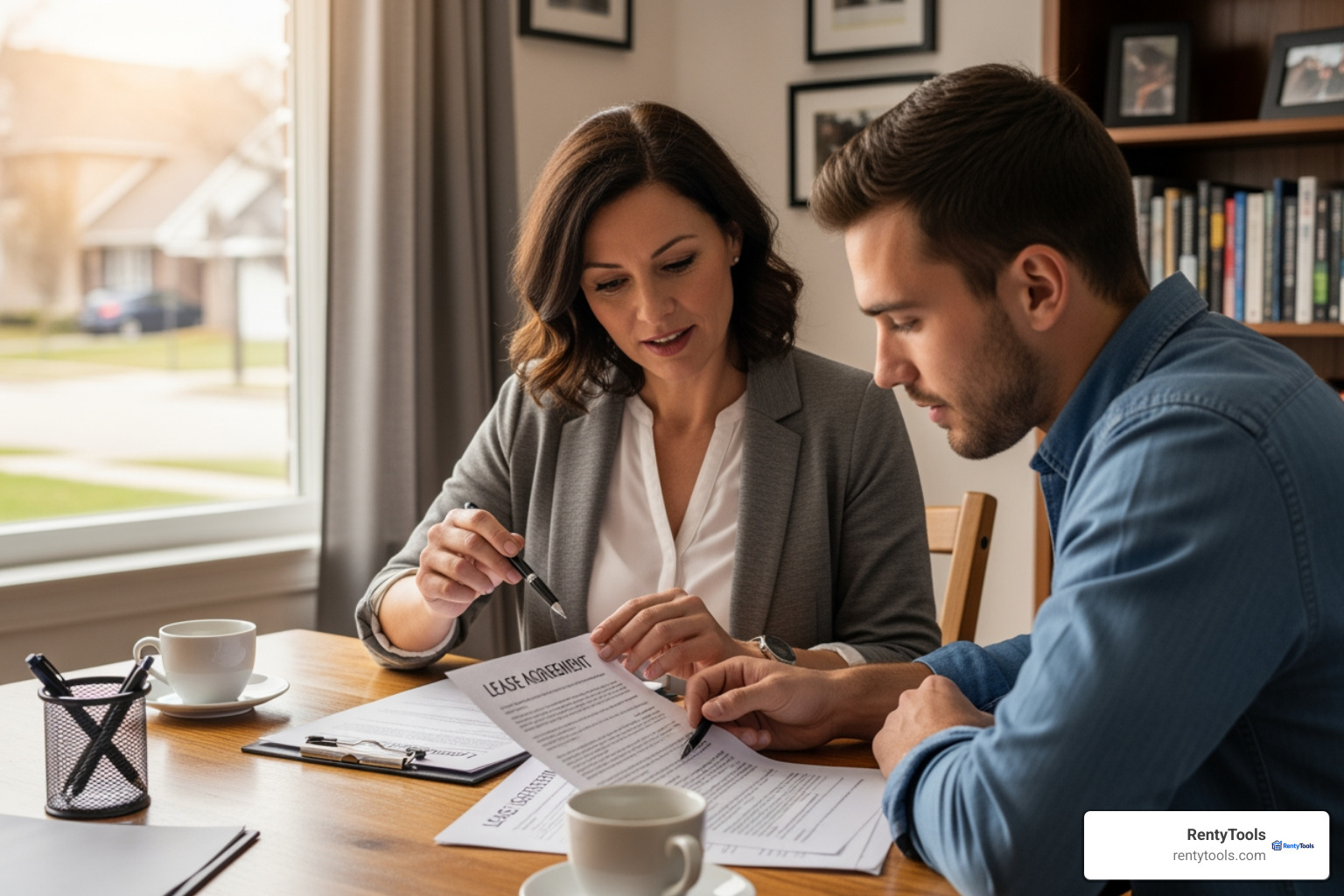 Prorated Rent Calculator Move-Out: 5 Easy Steps 7 Landlord and tenant sitting at a table reviewing a printed lease agreement together