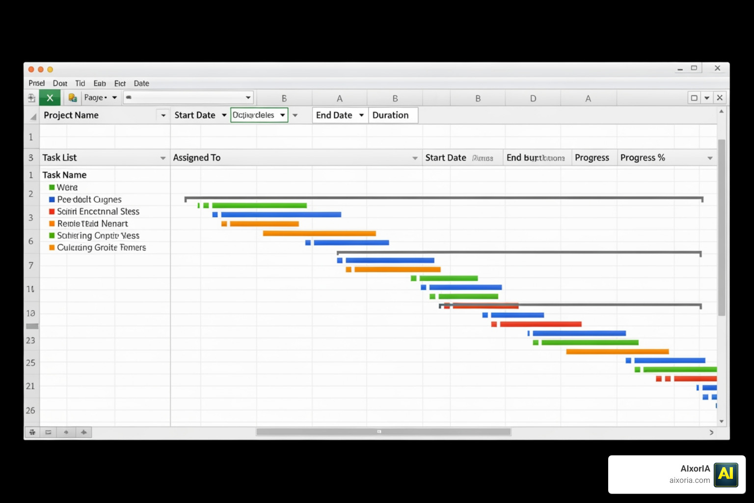 A professional Excel Gantt chart template with color-coded task assignments