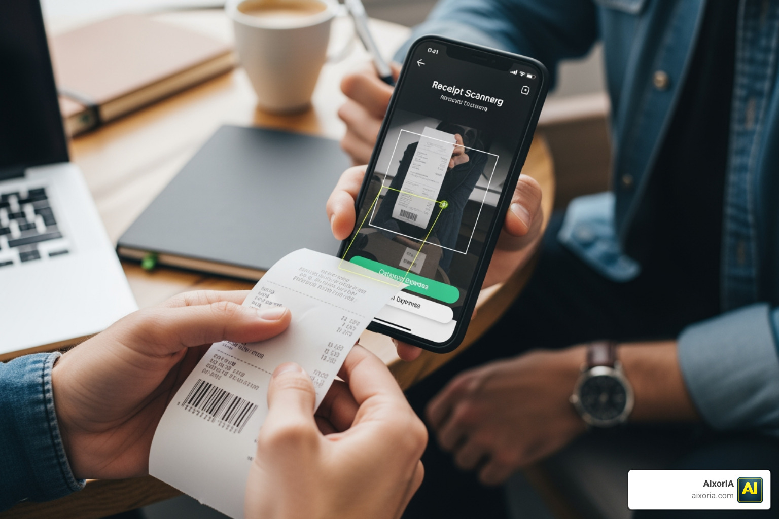 A freelancer using a mobile app to scan a business receipt