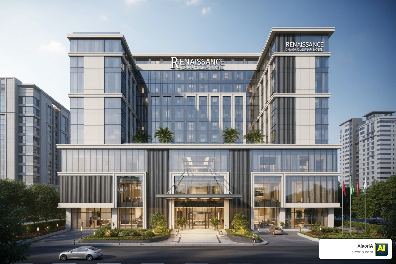 The modern exterior of the Renaissance Dhaka Gulshan Hotel in the heart of the Gulshan district
