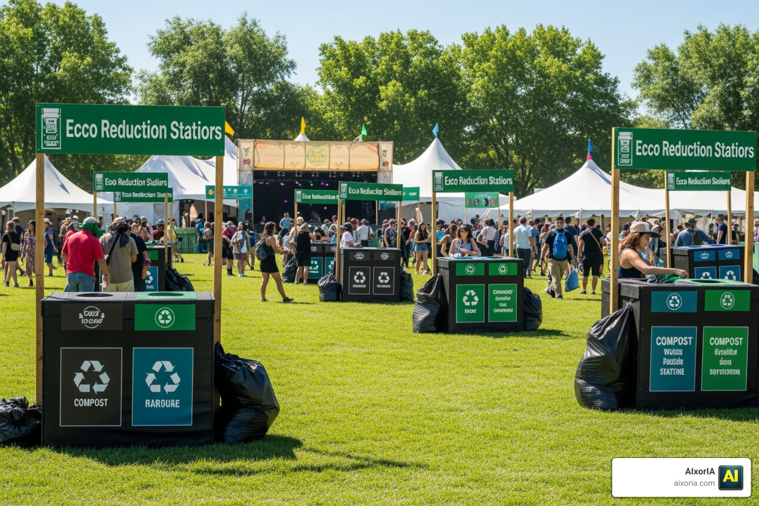 Sustainable outdoor festival with waste reduction stations Sustainable outdoor festival with waste reduction stations