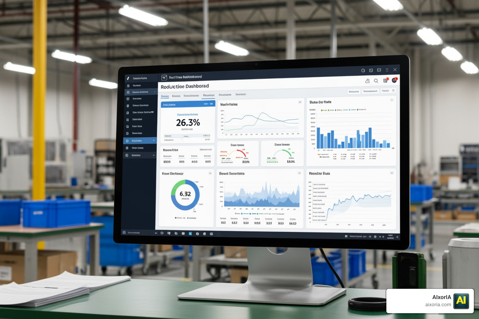 digital dashboard showing real-time production metrics and resource flow