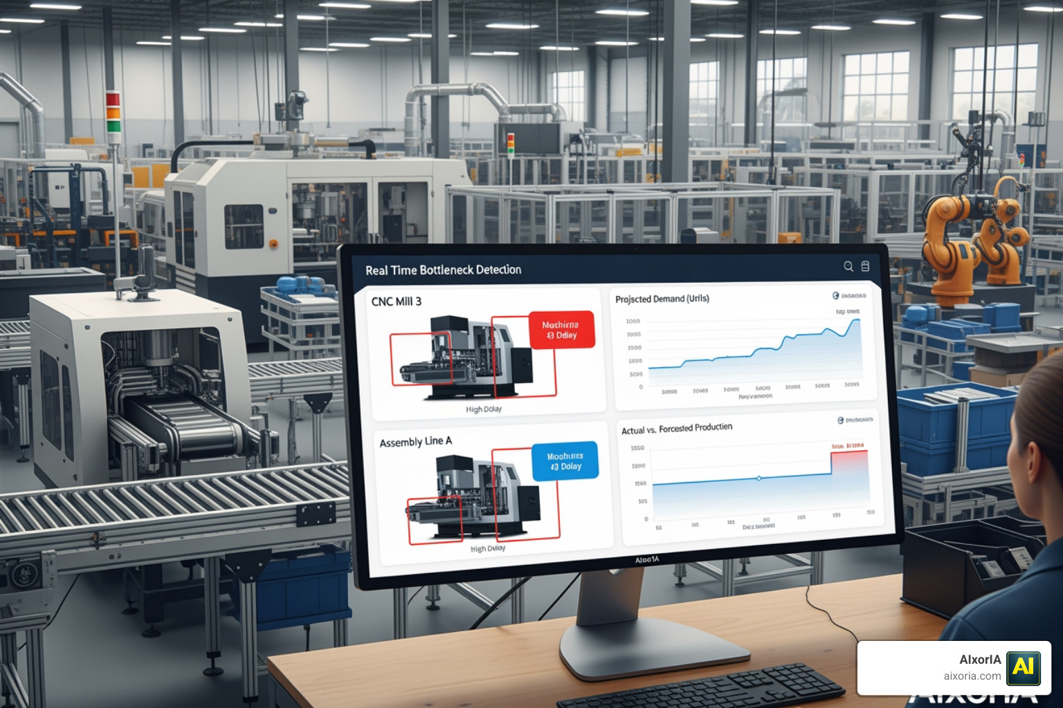 AI-driven predictive analytics interface showing bottleneck detection and demand forecasting