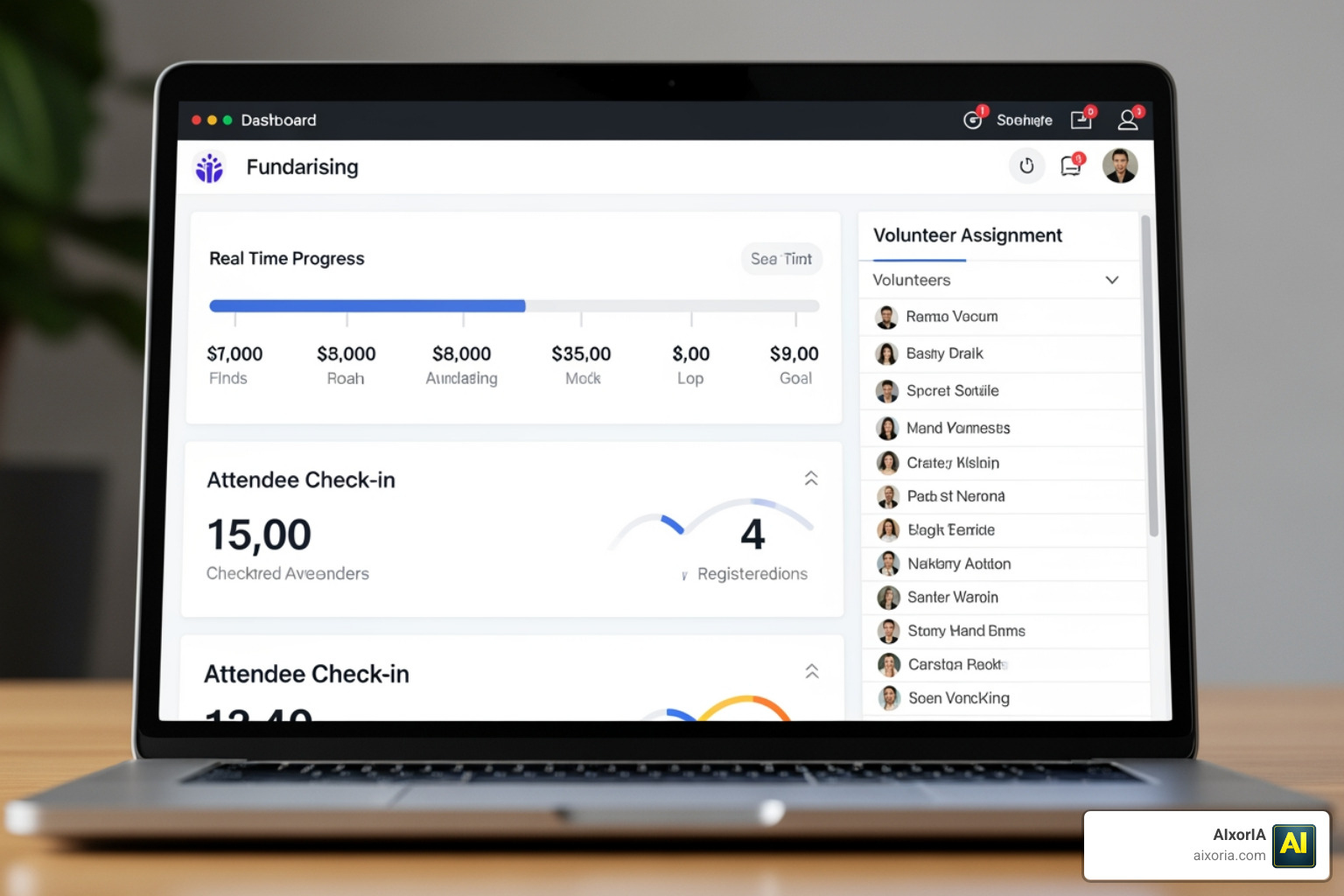 A digital event dashboard showing real-time fundraising progress, attendee check-in stats, and volunteer assignments