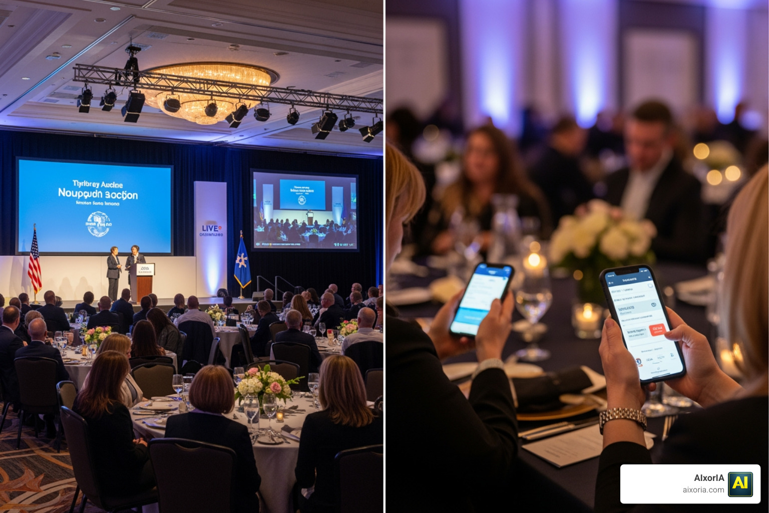 A hybrid event setup showing a live-streamed stage on one side and a mobile bidding interface on the other