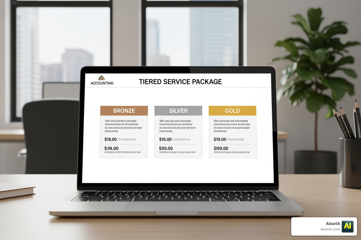 A tiered service package layout showing Bronze, Silver, and Gold options for an accounting firm