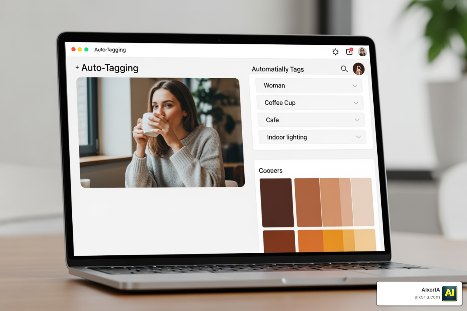 AI-powered auto-tagging interface identifying objects and colors in a photo