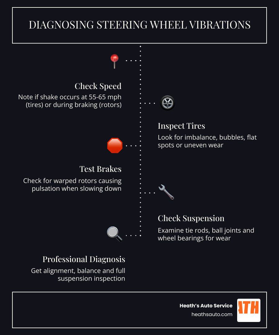 Diagnostic flow chart for steering wheel vibrations showing causes by speed and driving condition infographic Diagnostic flow chart for steering wheel vibrations showing causes by speed and driving condition infographic