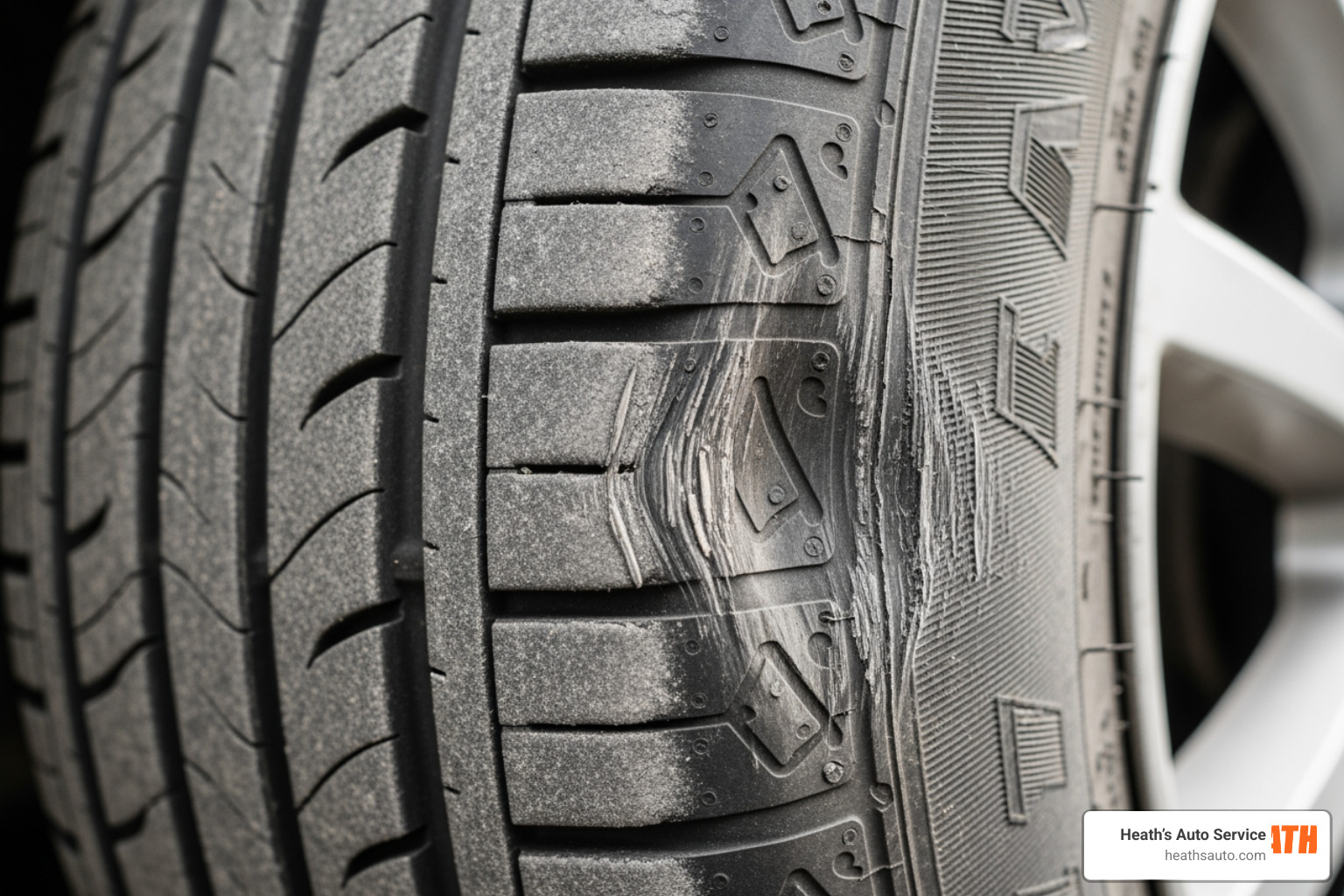 A tire with a visible sidewall bubble caused by impact damage A tire with a visible sidewall bubble caused by impact damage