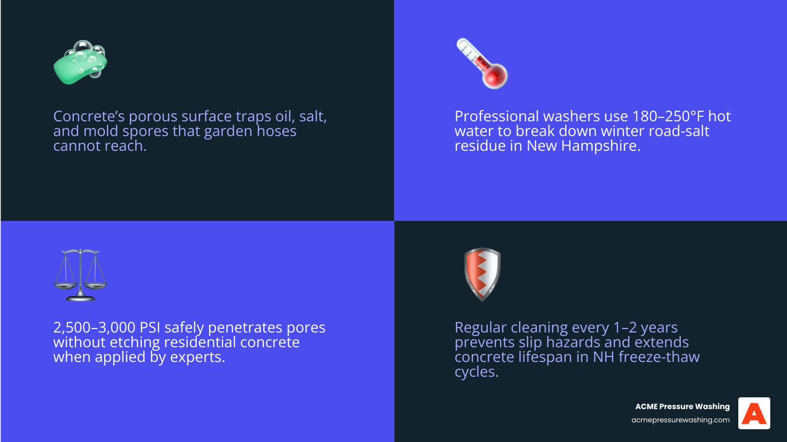 Infographic: benefits of professional concrete power washing - deep cleaning, safety, curb appeal, longevity infographic