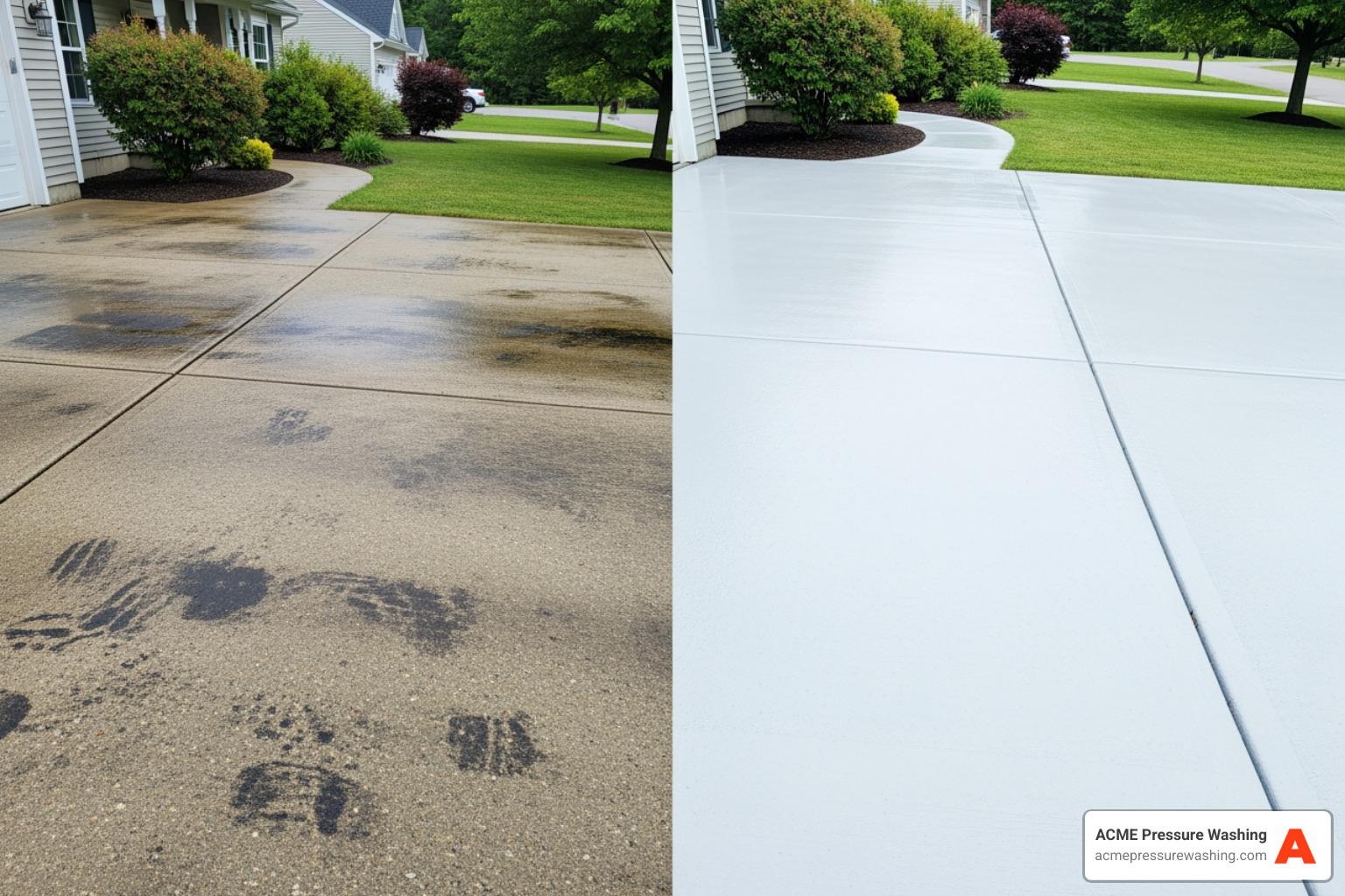 Before and after concrete cleaning results on a residential driveway in Bedford NH