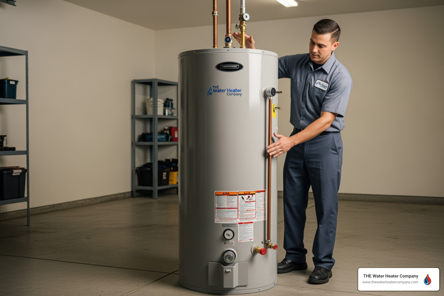 Technician showing the heavy weight and potential movement of a full water heater tank during a tremor Technician showing the heavy weight and potential movement of a full water heater tank during a tremor
