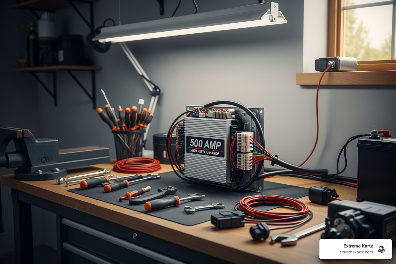 A 500-amp high-performance golf cart speed controller being installed in a clean shop environment