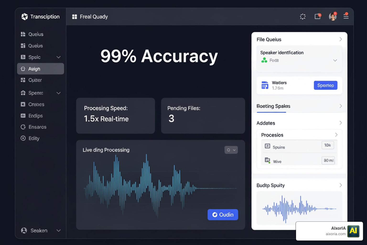 Dashboard showing 99% accuracy metrics and real-time processing stats