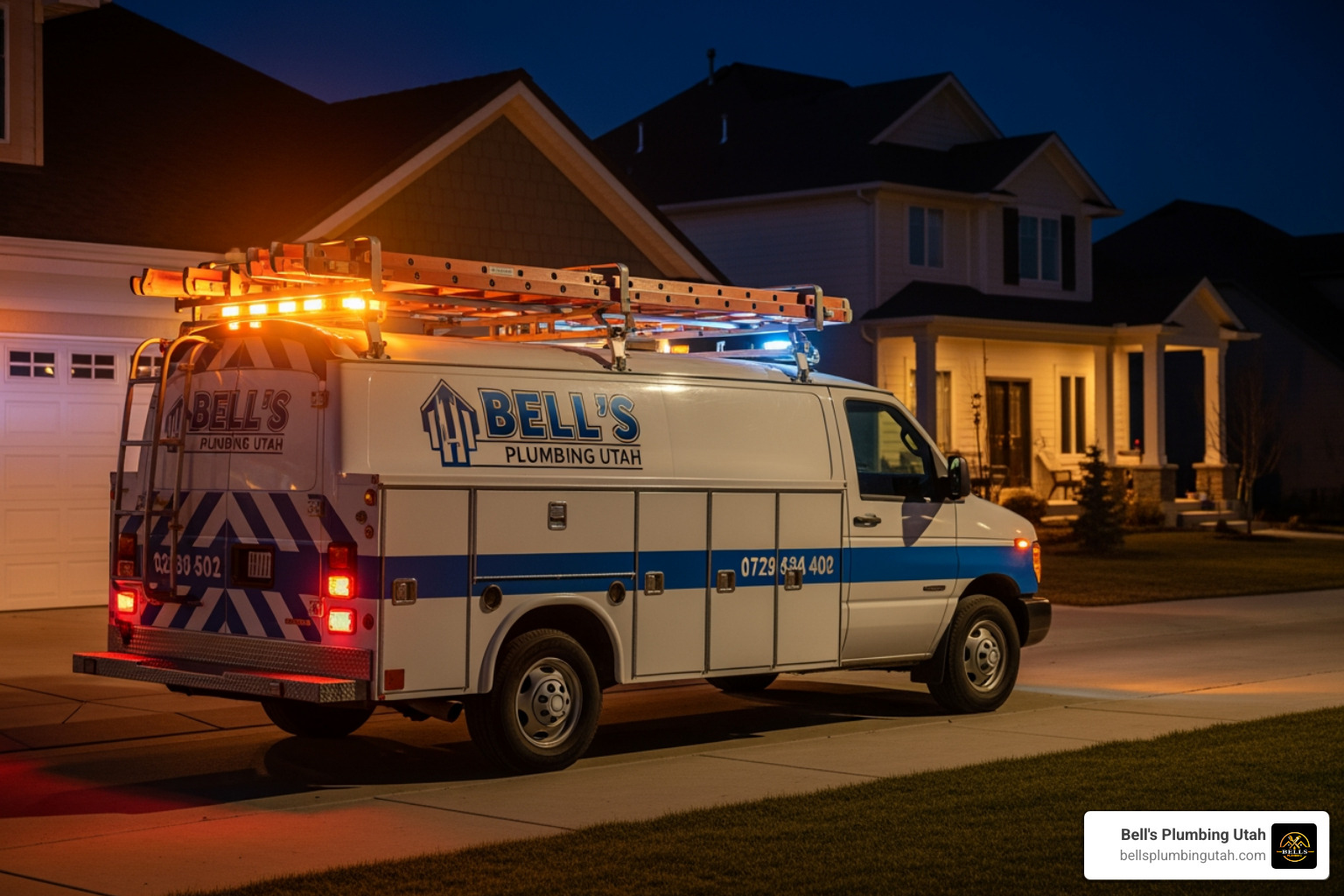 A 24/7 emergency plumbing service vehicle parked outside a home at night