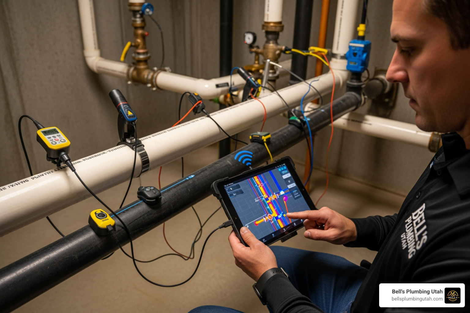 Technician performing high-tech leak detection in a residential basement