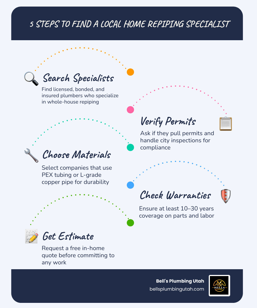 Infographic showing 5 steps to find a local home repiping specialist with key warning signs and average costs infographic Infographic showing 5 steps to find a local home repiping specialist with key warning signs and average costs infographic