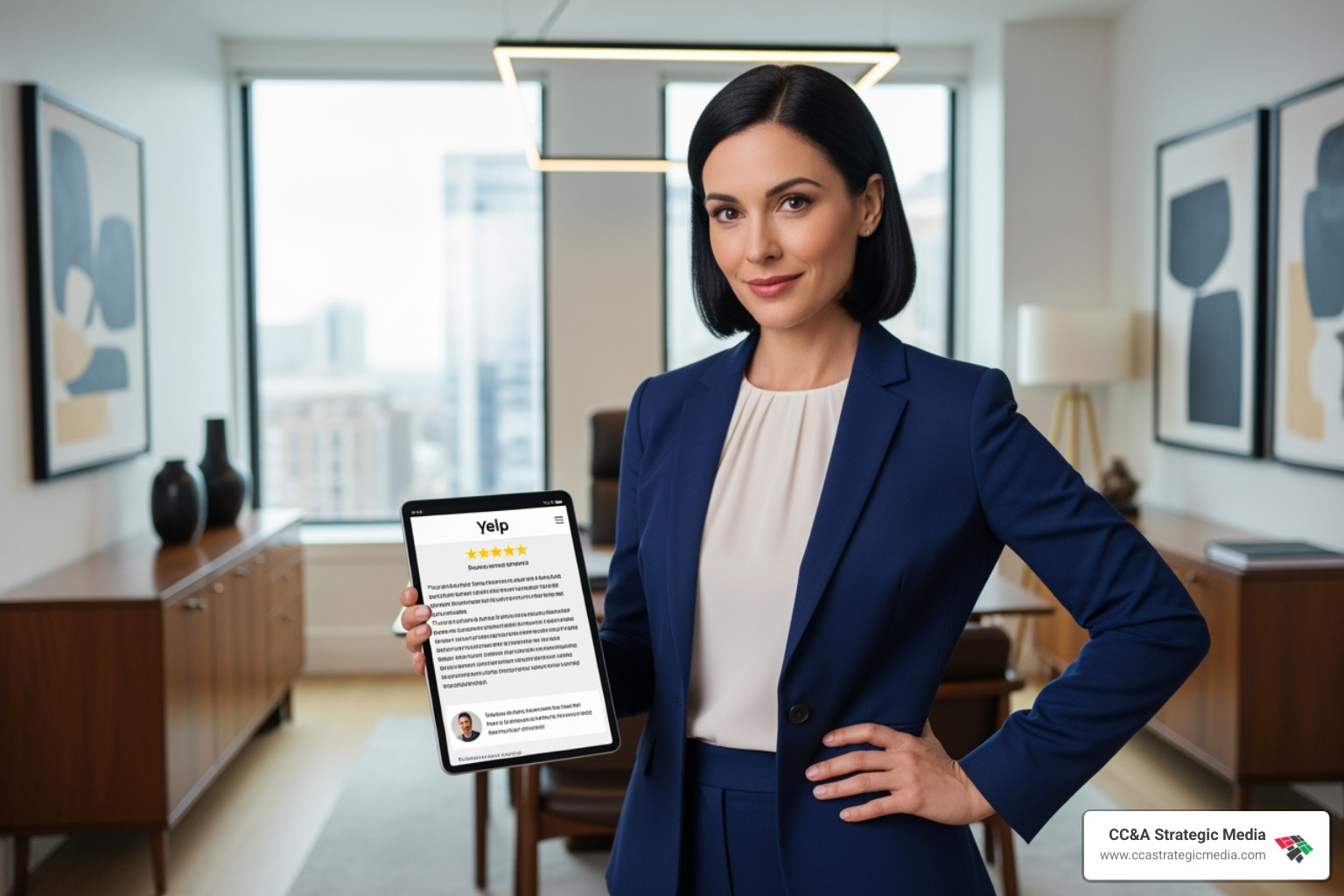 Digital tablet held by a woman attorney in a professional suit displaying a detailed Yelp review with five stars Digital tablet held by a woman attorney in a professional suit displaying a detailed Yelp review with five stars
