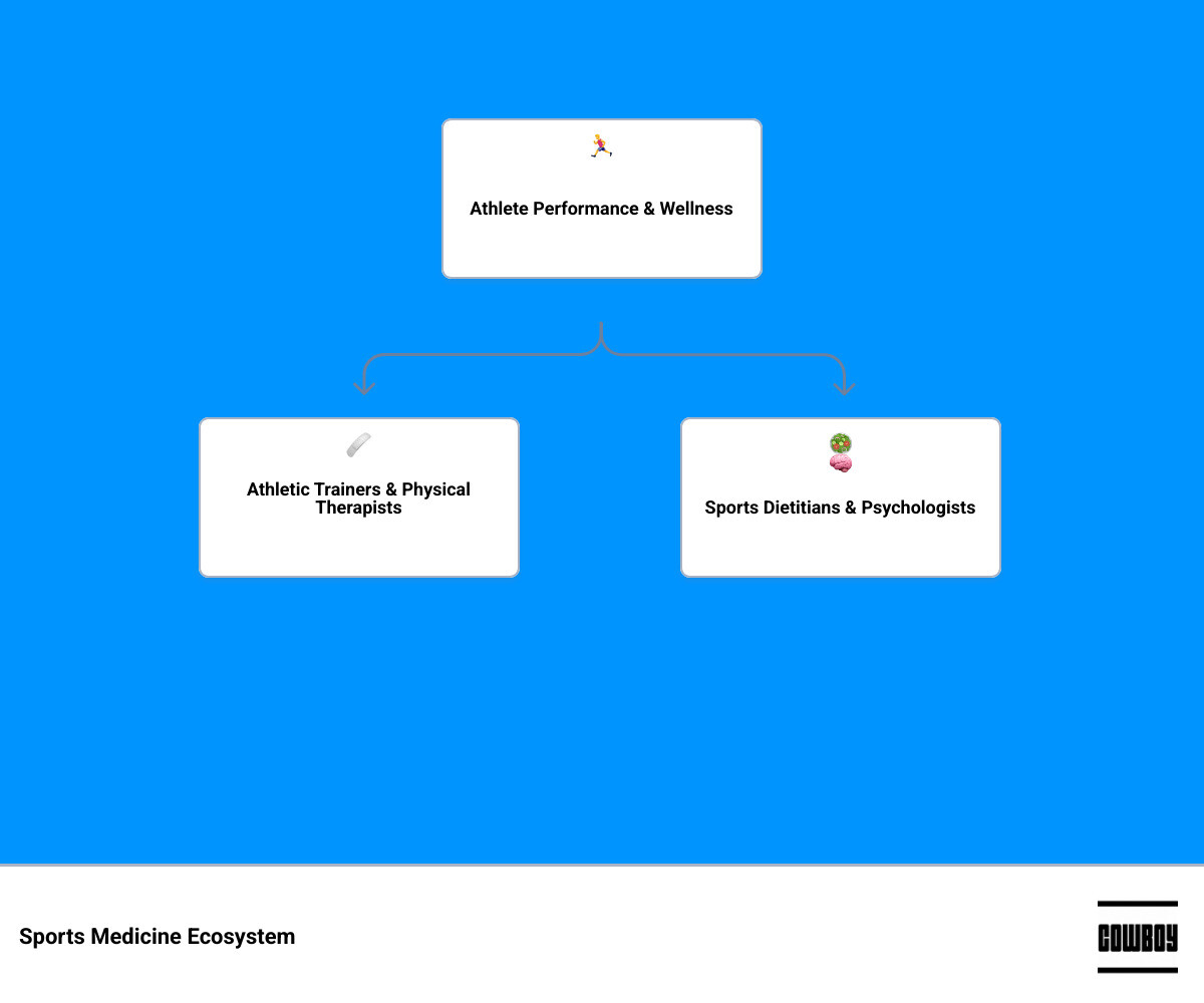 Sports medicine ecosystem infographic showing athlete support network roles and responsibilities infographic