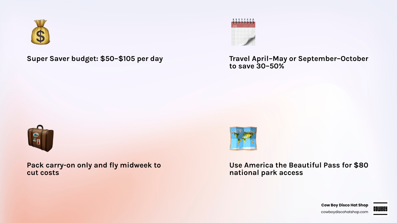 Infographic showing the 50/30/20 travel budget rule: 50% needs, 30% wants, 20% savings buffer with US daily cost ranges