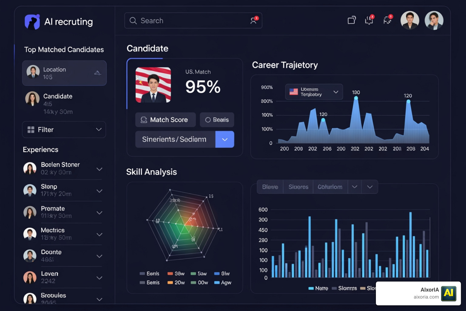 Candidate matching interface showing high-match scores based on career trajectory and skills Candidate matching interface showing high-match scores based on career trajectory and skills