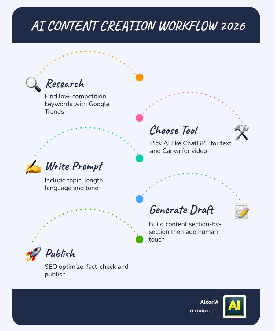 AI content creation lifecycle infographic showing keyword research to publishing workflow infographic