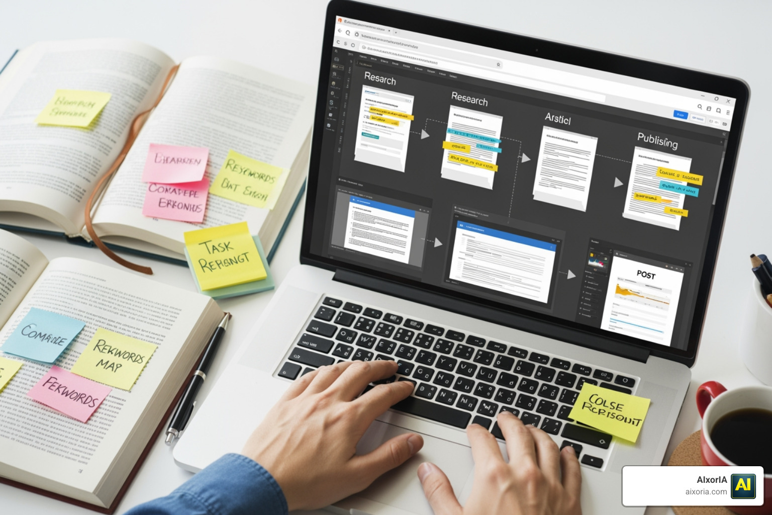 AI content creation step-by-step workflow diagram from research to publishing