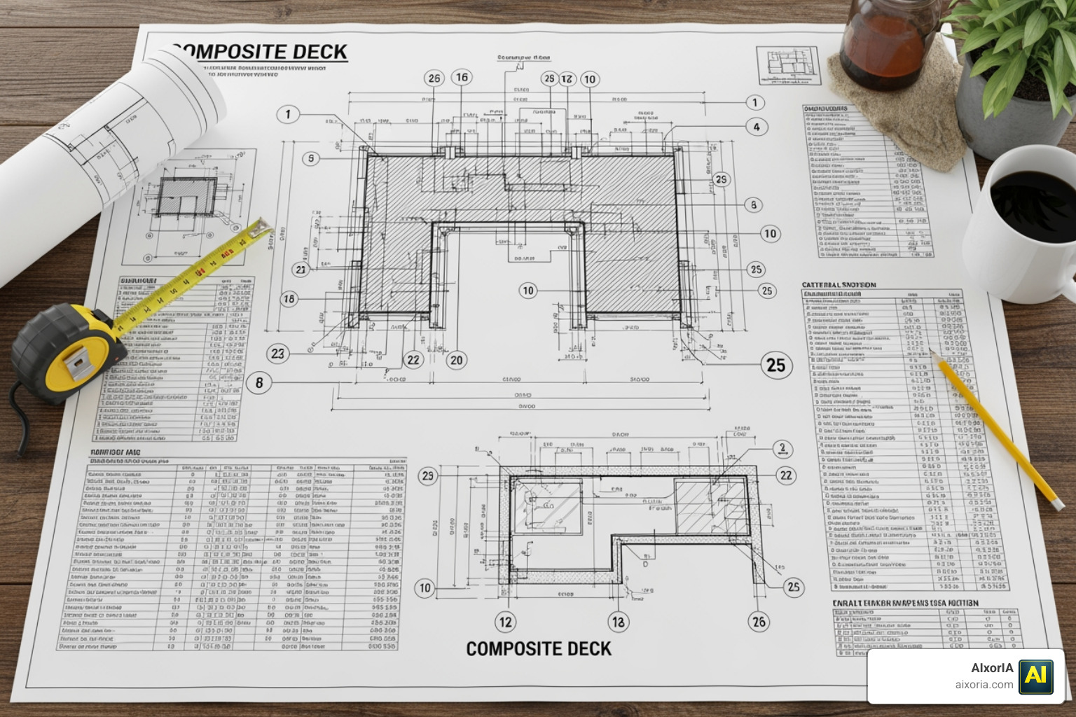 A printed deck blueprint and a detailed material shopping list for a composite deck project