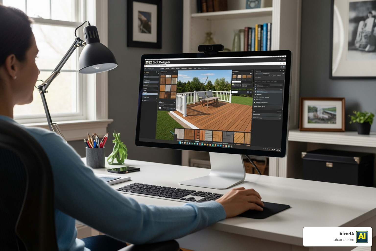 Homeowner using the Trex Deck Designer interface on a desktop computer