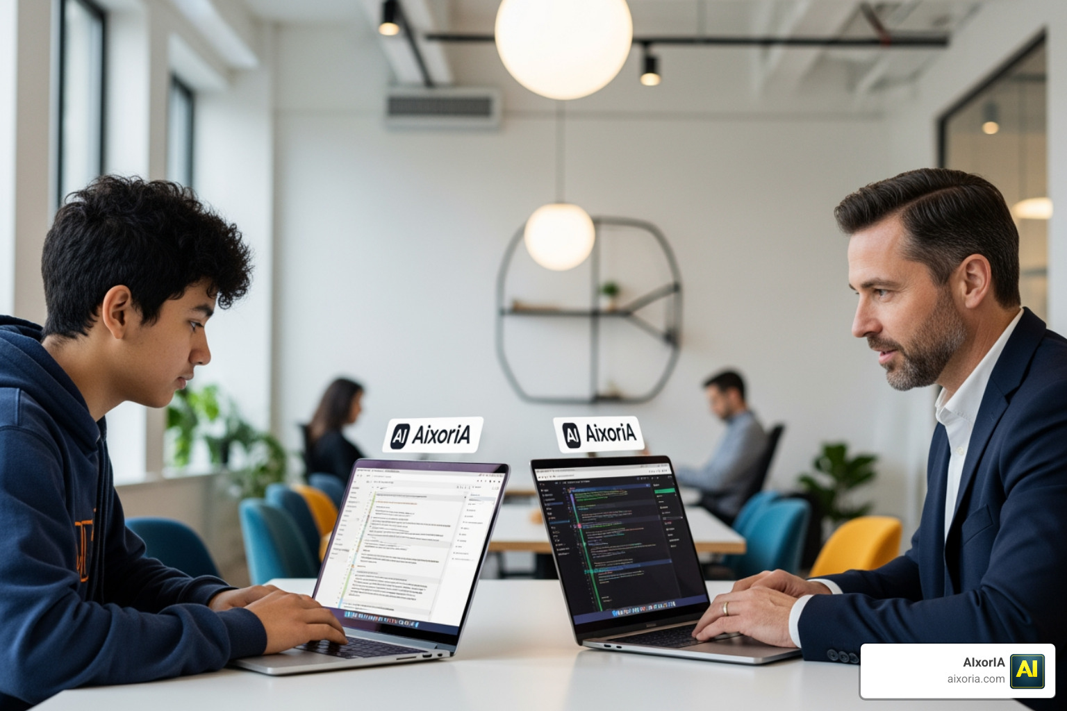 A student and a professional working side-by-side using AI rewriting tools on their laptops
