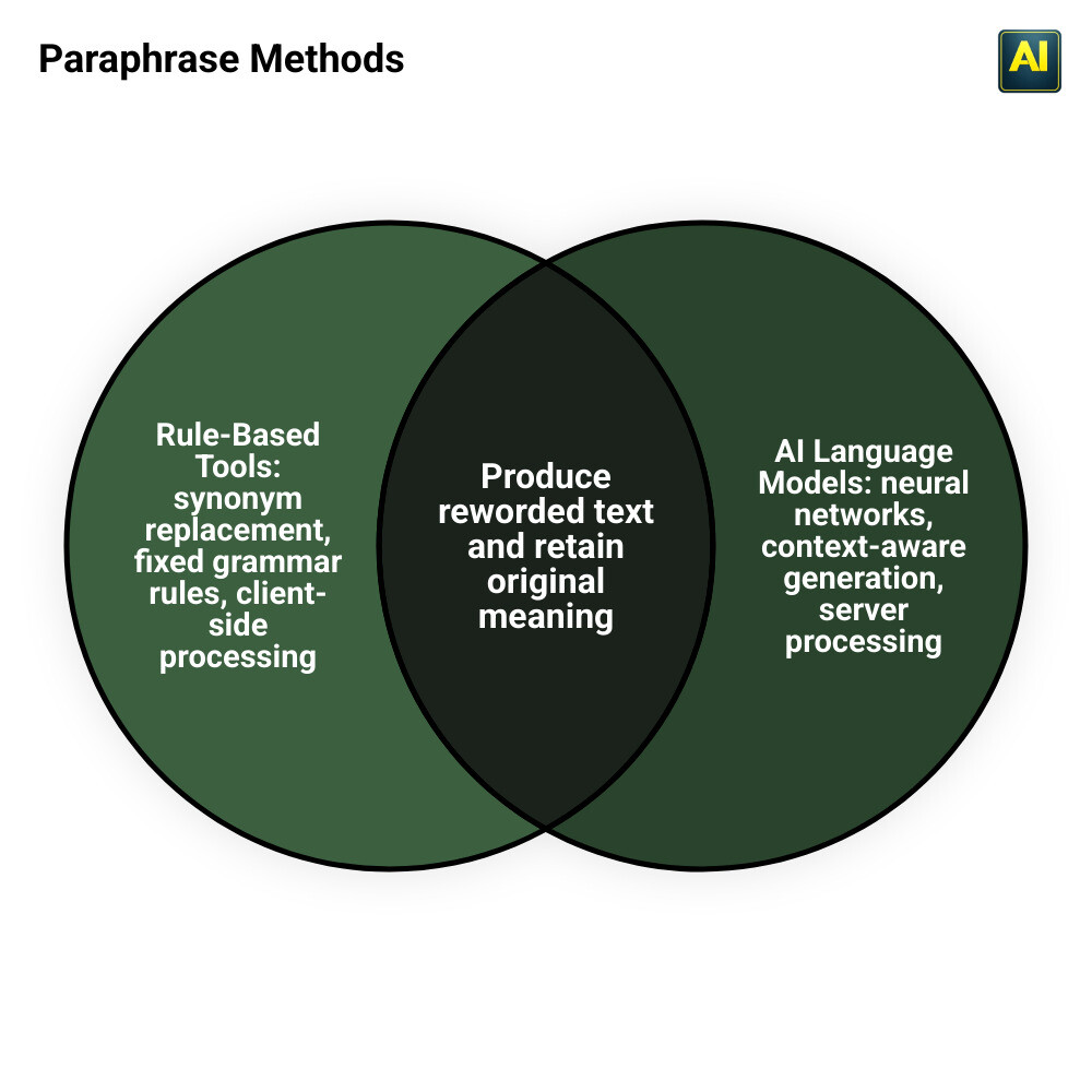 infographic comparing non-AI synonym-based paraphrasers vs AI language model paraphrasers infographic
