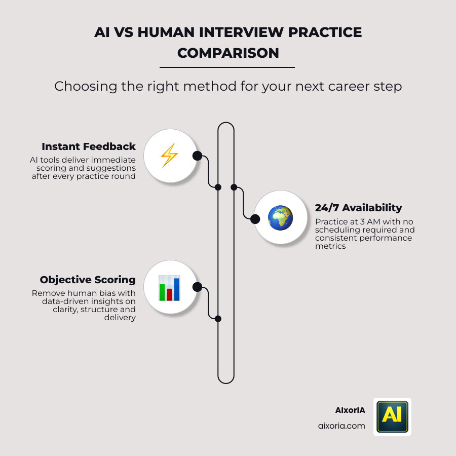 Infographic comparing AI tools vs human mock interviews on cost, availability, and feedback speed infographic