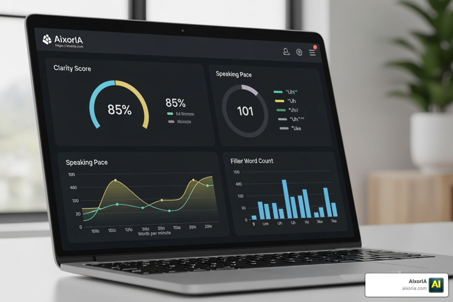 AI dashboard displaying performance metrics like clarity, pace, and filler word count