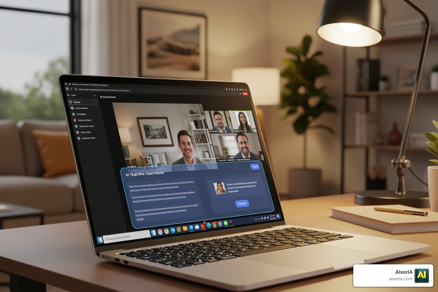 A discreet desktop AI overlay showing real-time suggestions during a video call