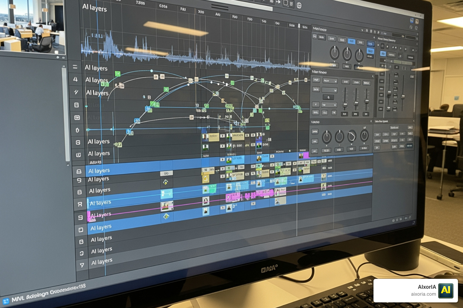 Professional video editing timeline with AI layers and motion control settings