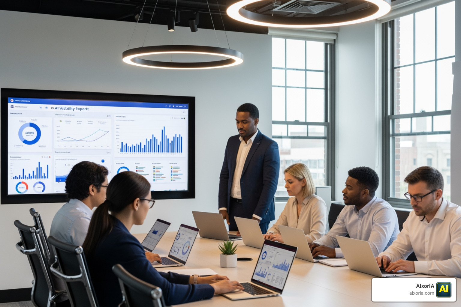 An enterprise marketing team reviewing AI visibility reports in a conference room