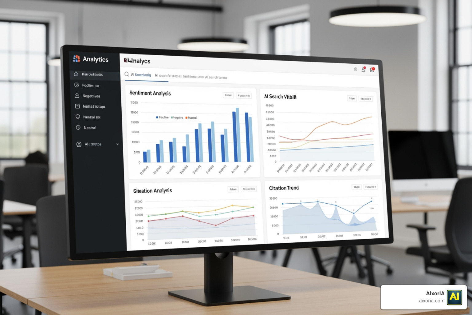 A modern visibility analytics dashboard showing sentiment and citation trends