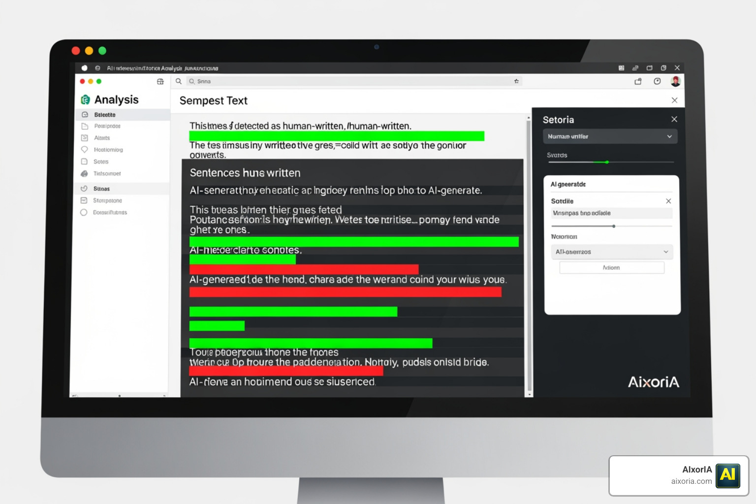 Color-coded text analysis showing a mix of human and AI-generated sentences