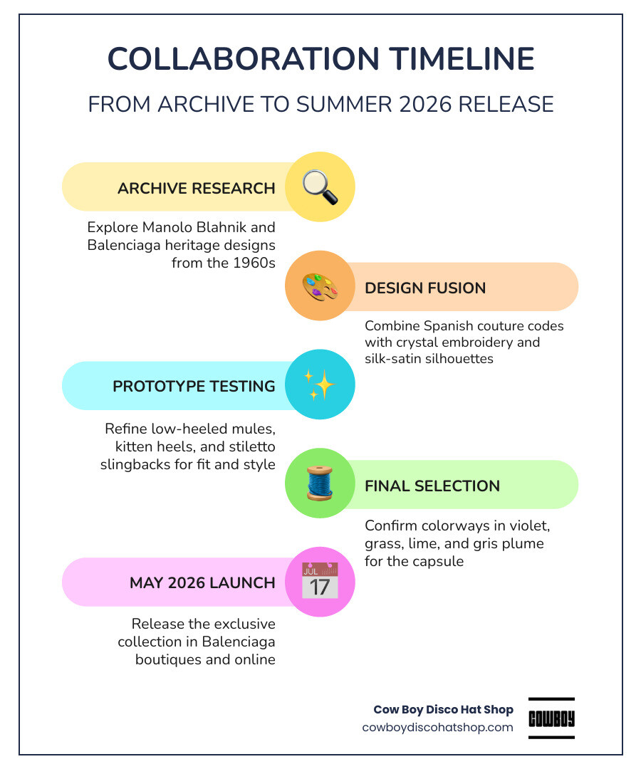 Balenciaga x Manolo Blahnik collaboration timeline from archive to May 2026 release infographic