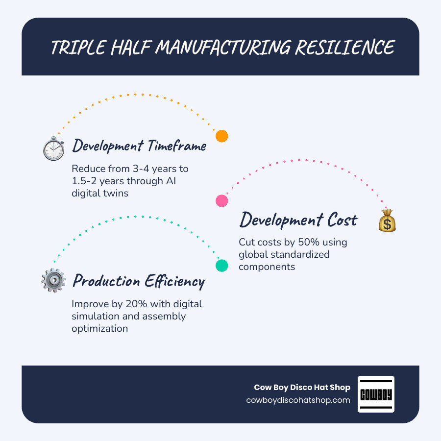 Infographic of the Triple Half approach showing icons for time, cost, and workload being cut in half infographic