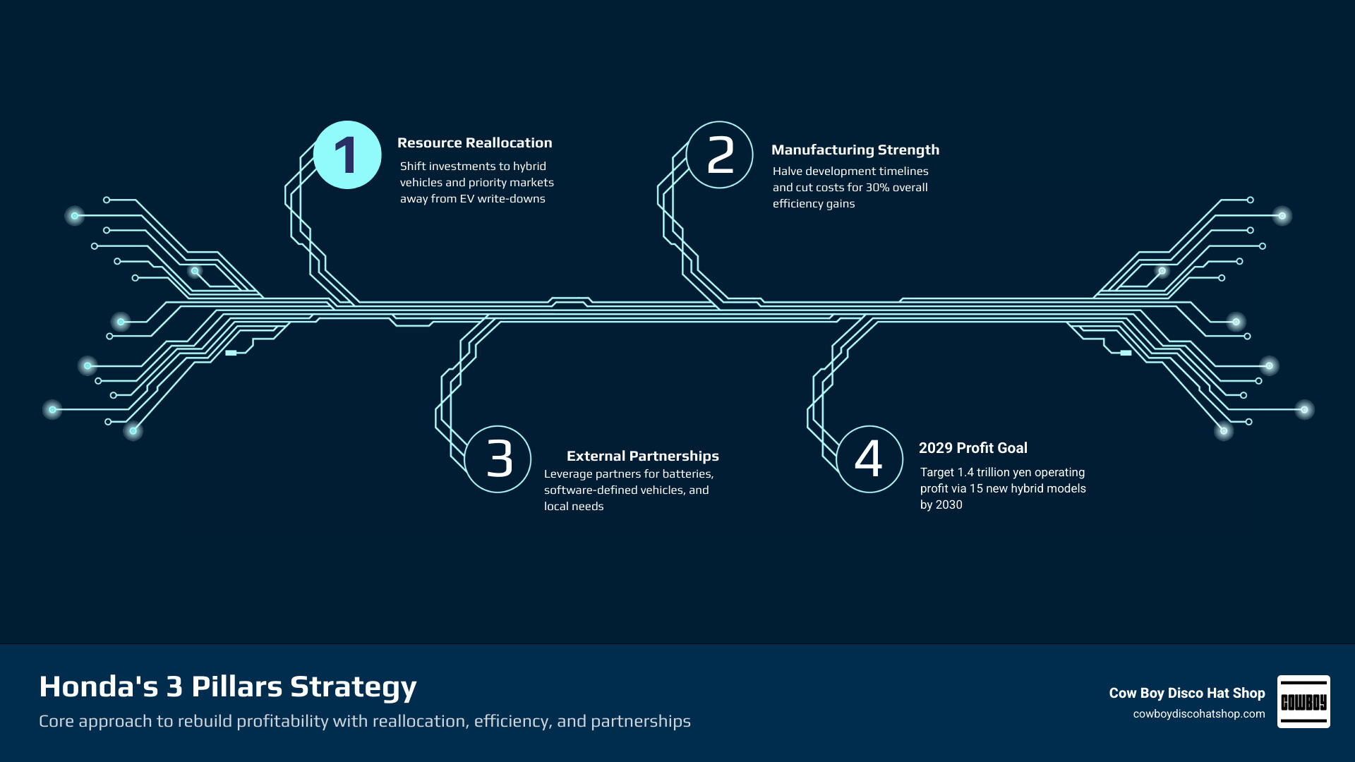 Infographic showing Honda's 3 pillars: resource reallocation, manufacturing strength, external partnerships with key targets