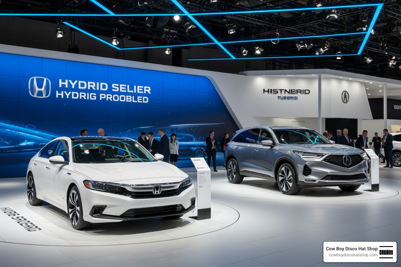 Honda Hybrid Sedan Prototype and Acura Hybrid SUV Prototype on display at a 2026 auto show