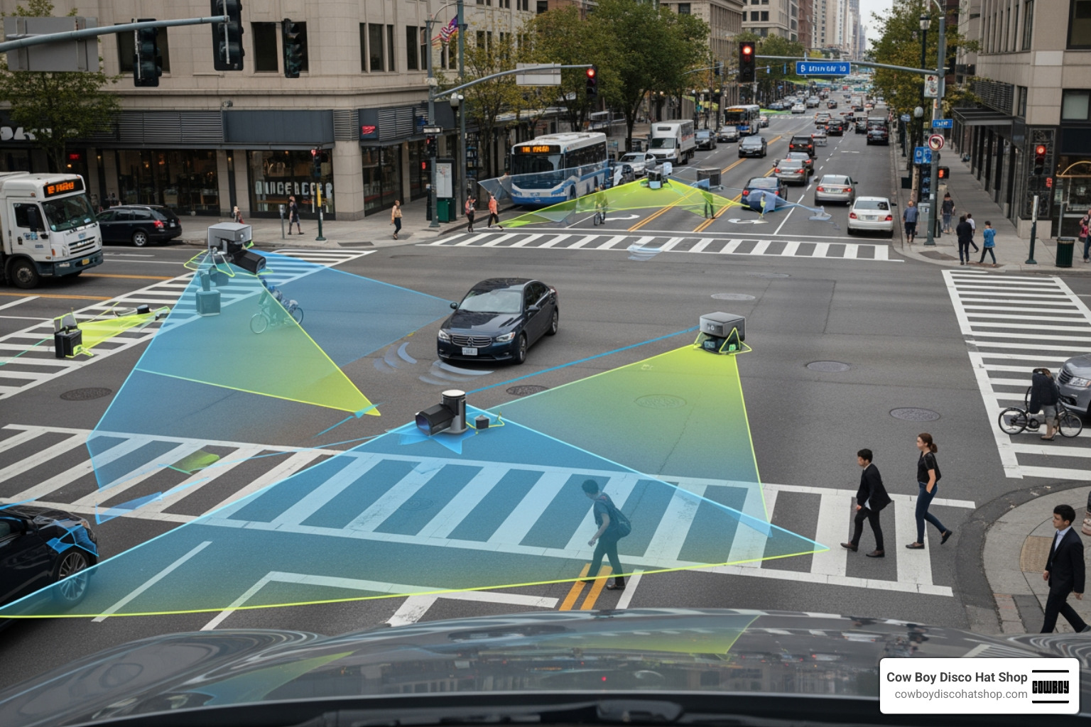 Diagram showing Honda's ADAS sensors detecting pedestrians and other vehicles in a busy city intersection