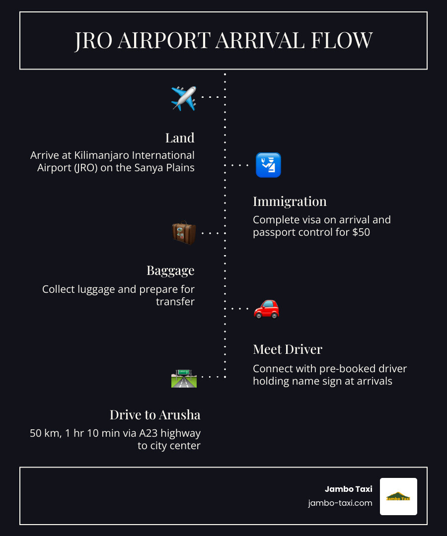 Infographic showing JRO arrival flow: land, immigration, baggage, meet driver, 50km drive to Arusha infographic