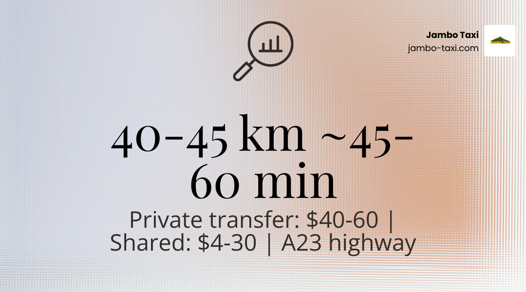 Infographic showing JRO to Moshi route: 40-45km, 45-60 min drive, transfer options and price ranges infographic