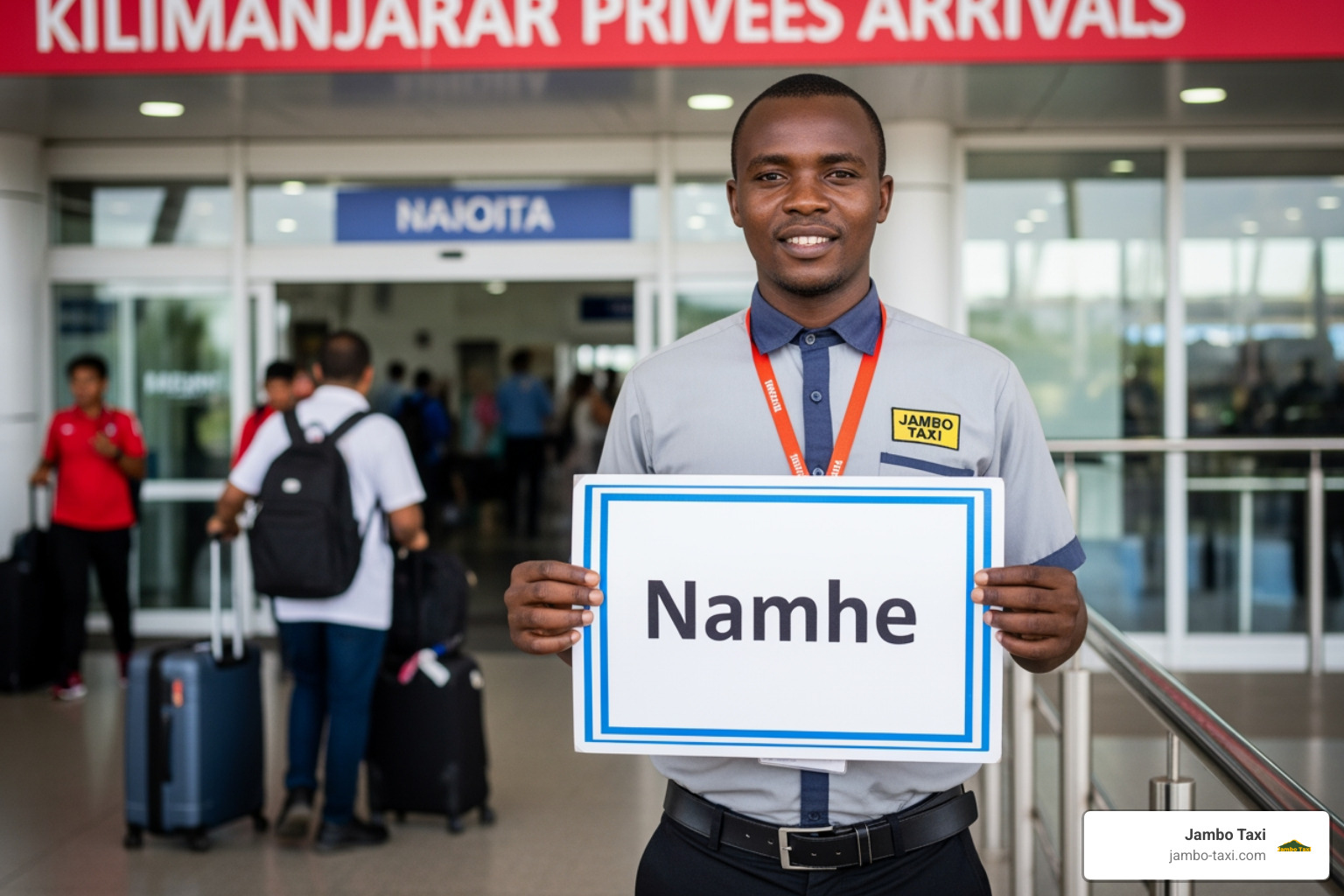 Driver at JRO arrivals holding a clear Jambo Taxi sign with a traveler's name