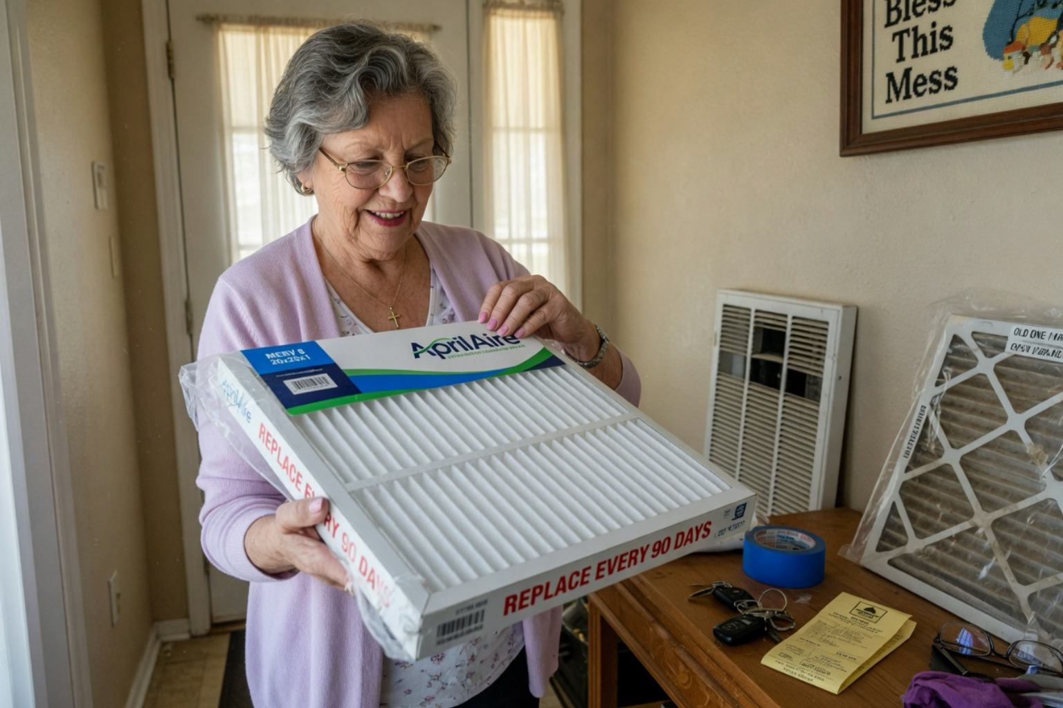 Homeowner checking a clean, high-efficiency air filter Homeowner checking a clean, high-efficiency air filter