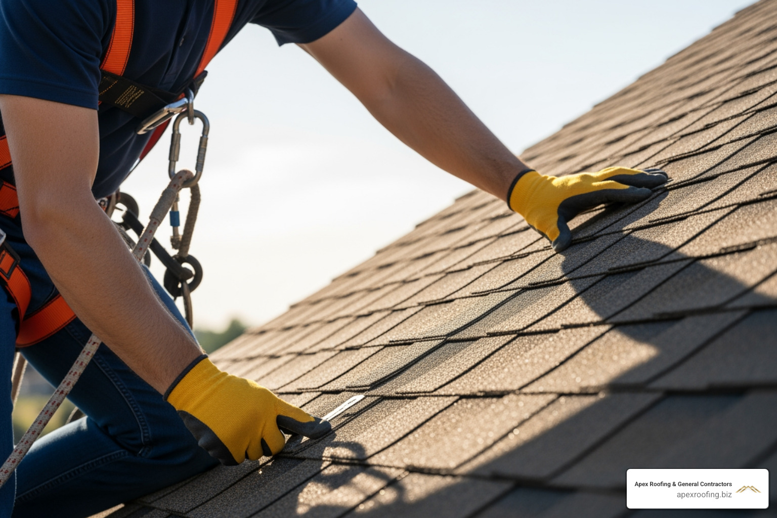 Close-up of a professional roof inspection in progress