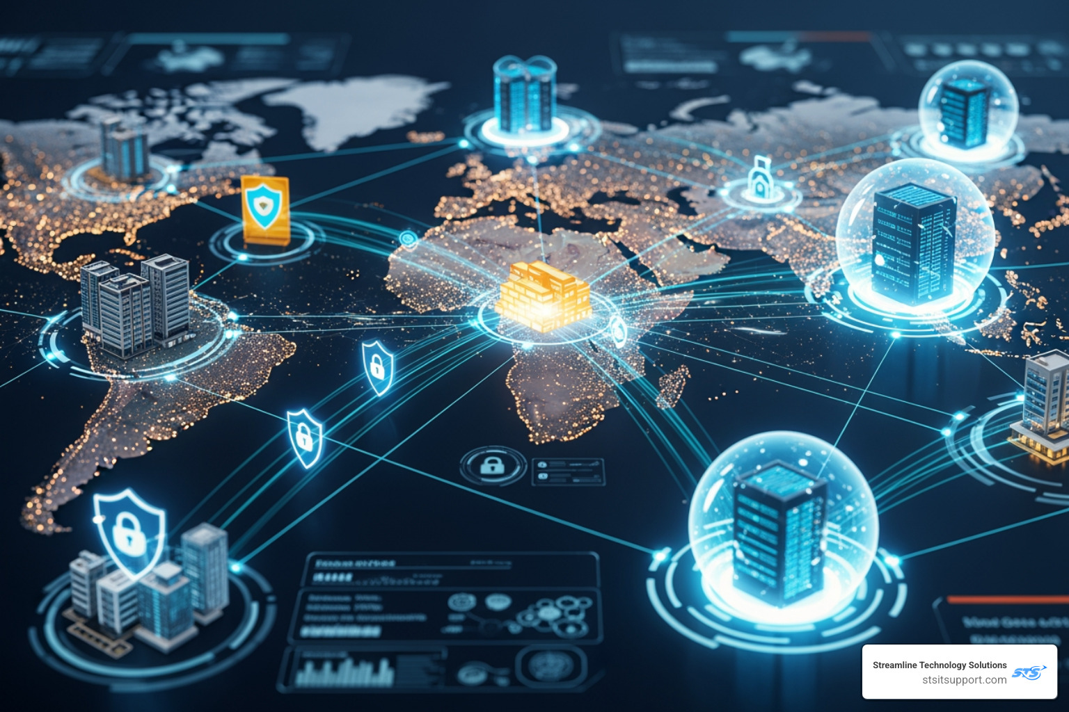 Global digital security network connecting remote offices and cloud data centers