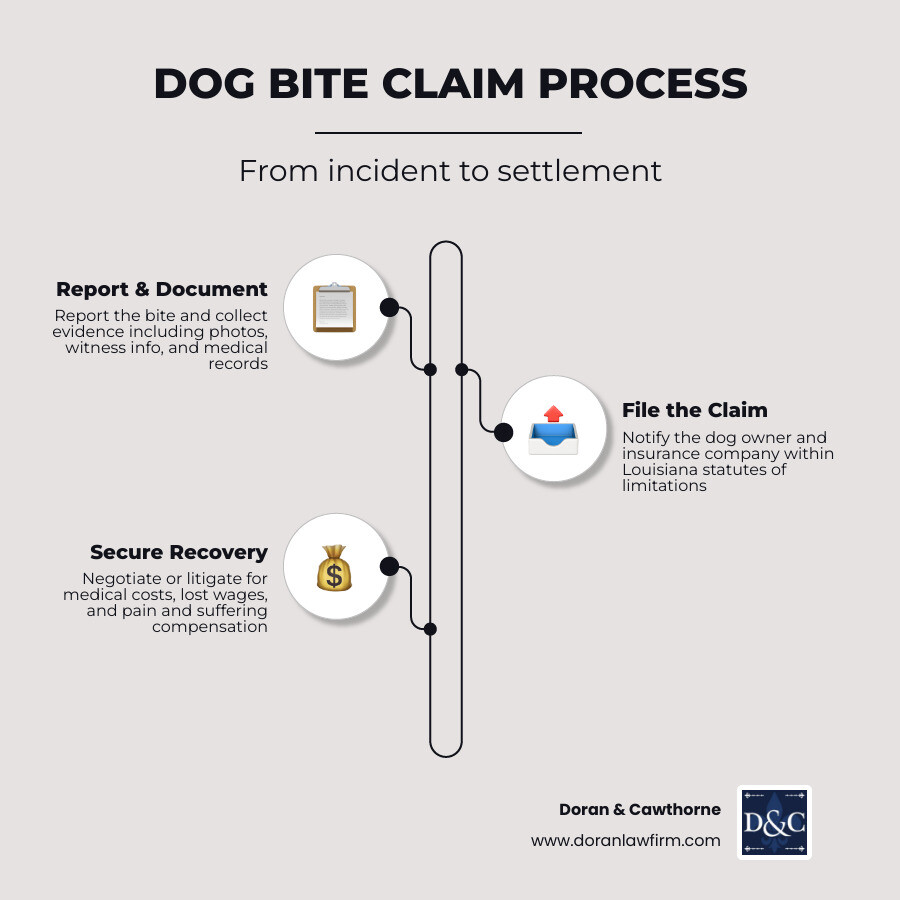 Dog bite compensation claim process infographic showing steps from incident to settlement payout infographic Dog bite compensation claim process infographic showing steps from incident to settlement payout infographic